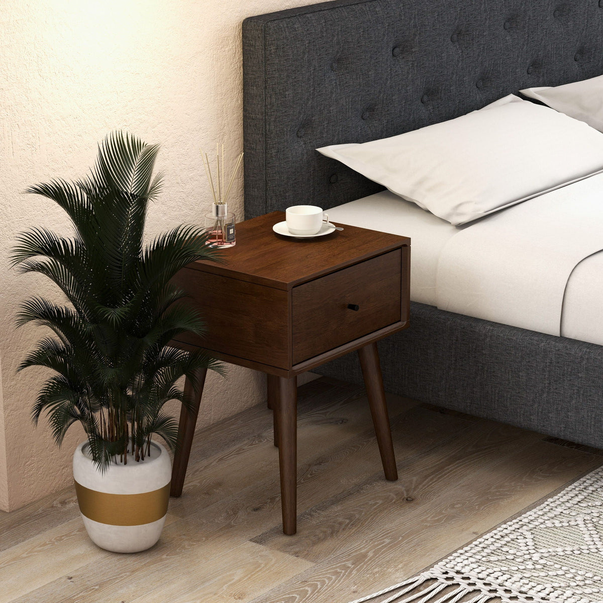 Modern Design Night Stand by HouseOfZazla in dark brown solid wood with 2 drawers beside a bed on Tampa Home & Garden Store