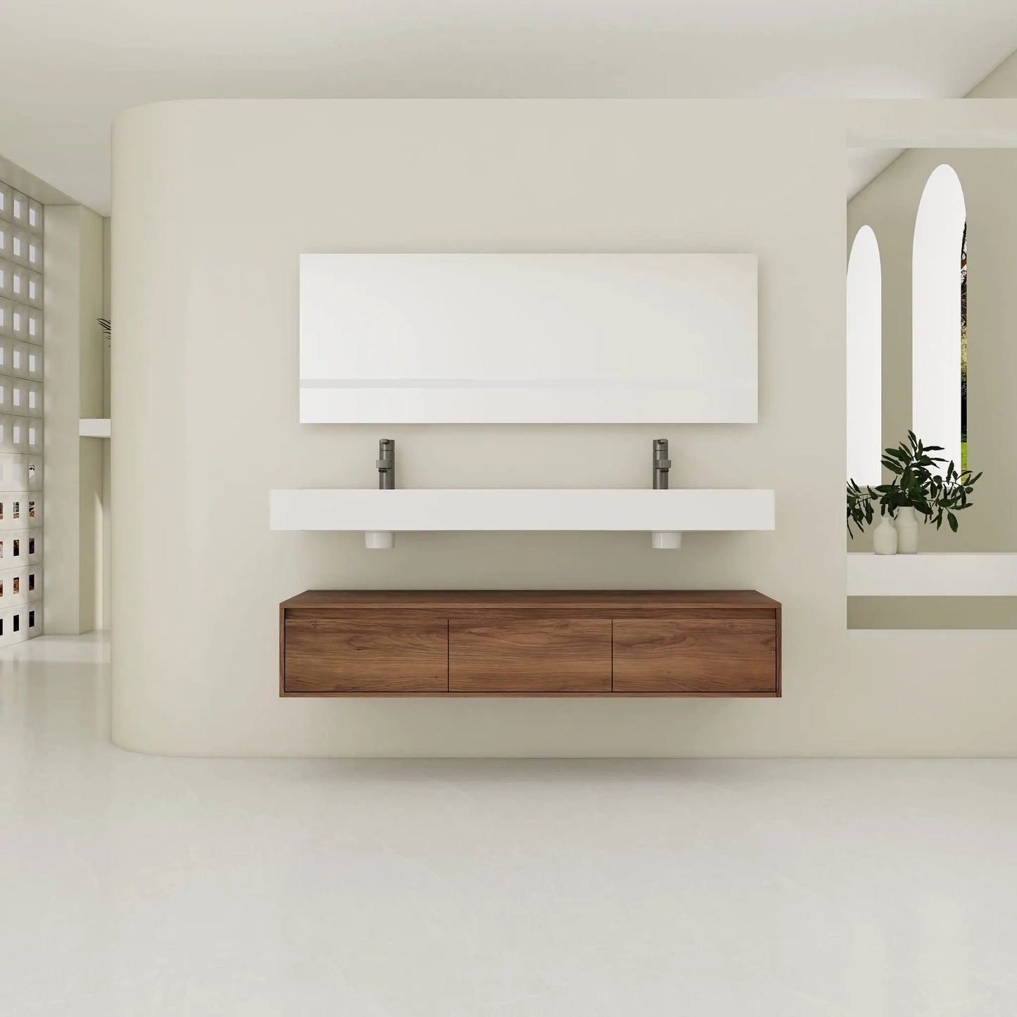 Contemporary Wall Mounted Vanity with Dual Sinks