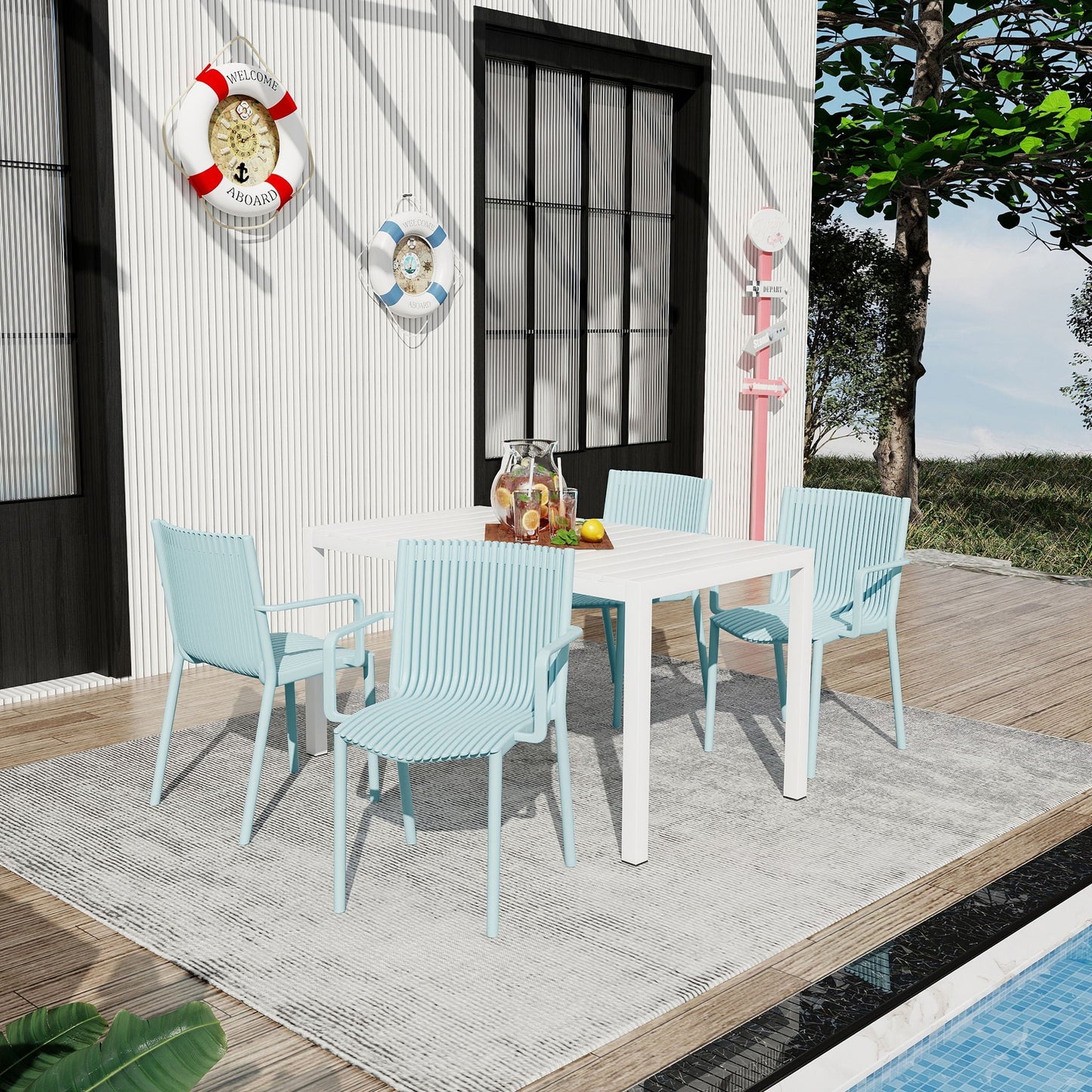 4 Modern Stackable Armchairs and Long Table