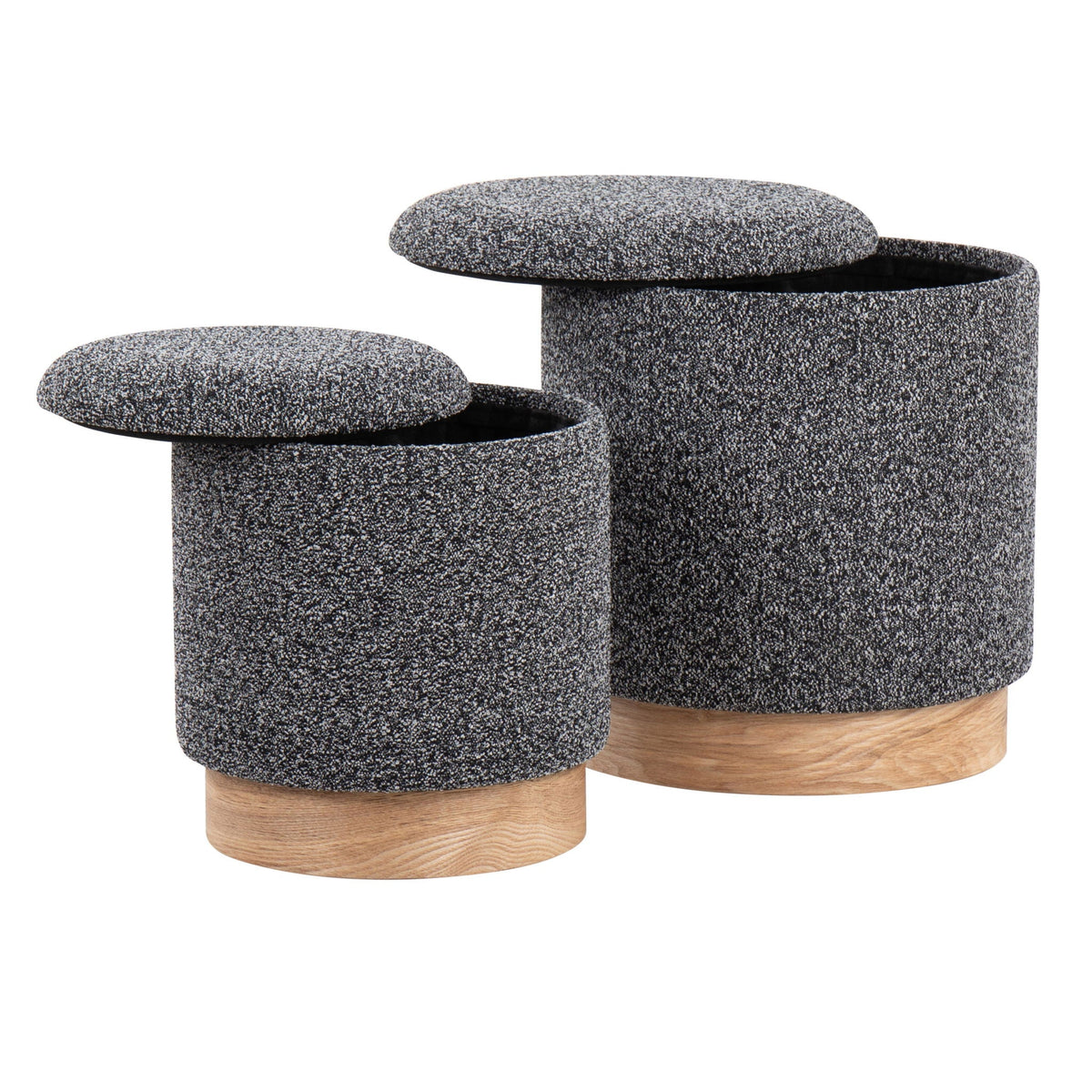 Nesting ottomans with cushioned tops in speckled gray fabric, 3-piece set on wood bases on Tampa Home & Garden Store