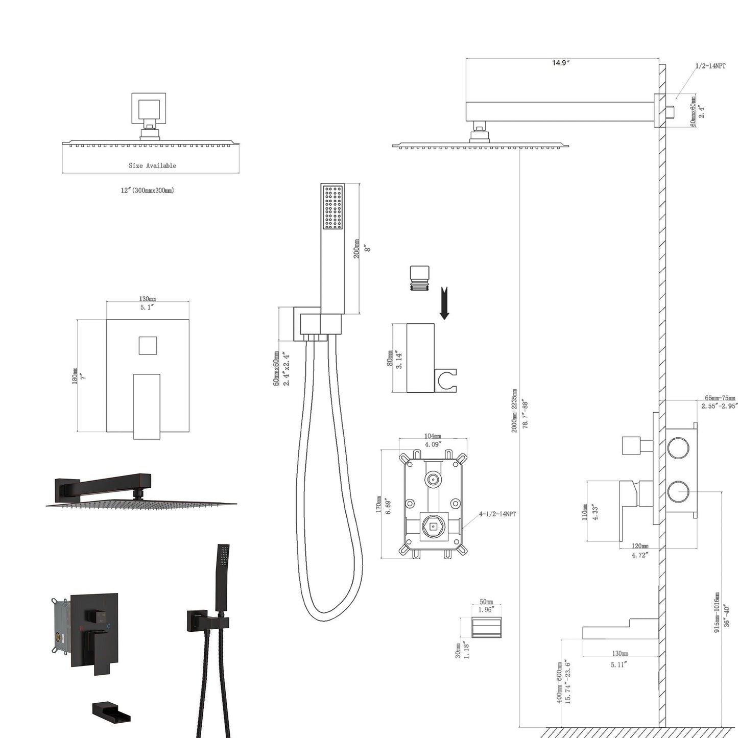 Wall Square Shower System with Waterfall Spout