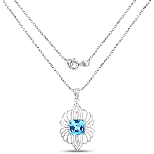 Sterling silver pendant necklace with an 8.18ct Swiss blue topaz in a floral filigree frame on chain on Tampa Home & Garden Store
