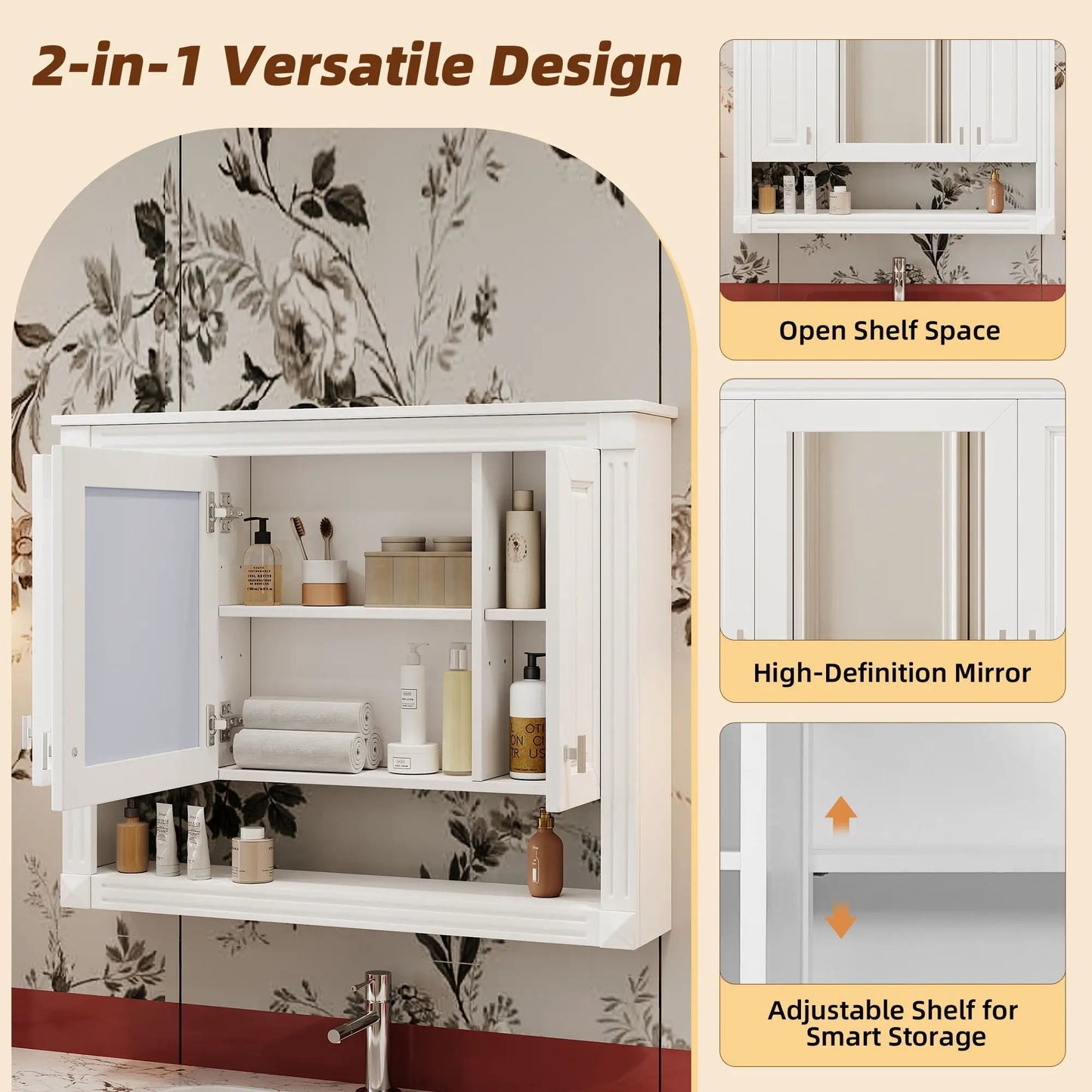 Wall Mounted Cabinet with Mirror and Open Shelf