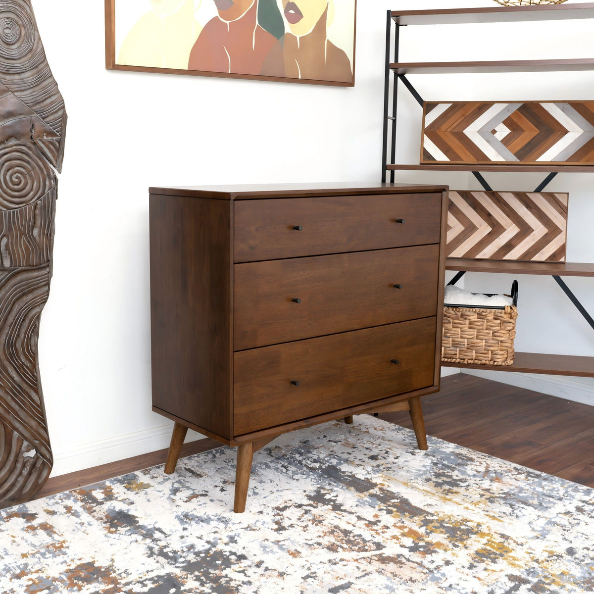Brown solid wood 3-drawer dresser with black knobs and tapered legs on Tampa Home & Garden Store