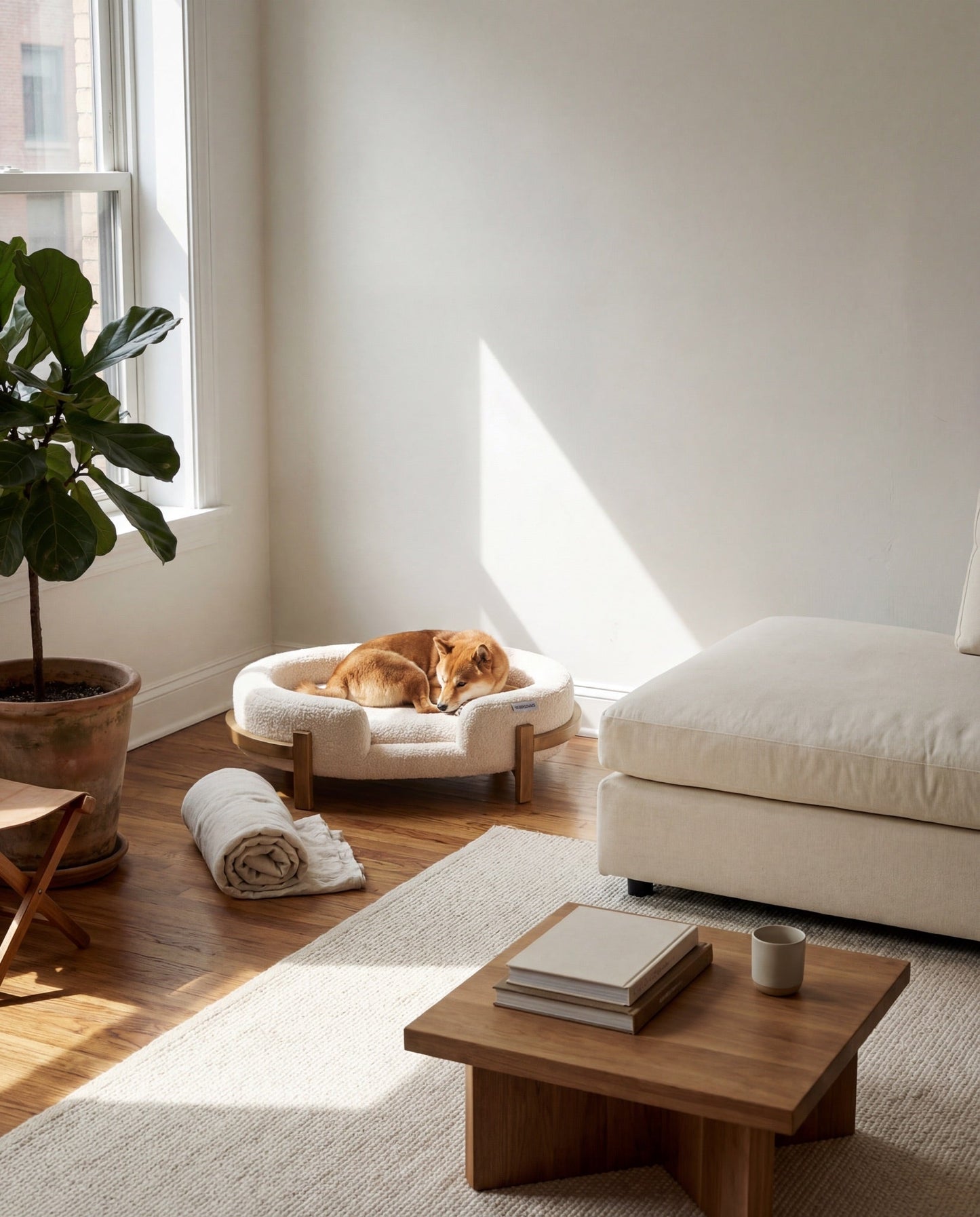 Calming Dog Bed by HouseOfZazla, cream plush fabric, round bed with wooden legs on Tampa Home & Garden Store