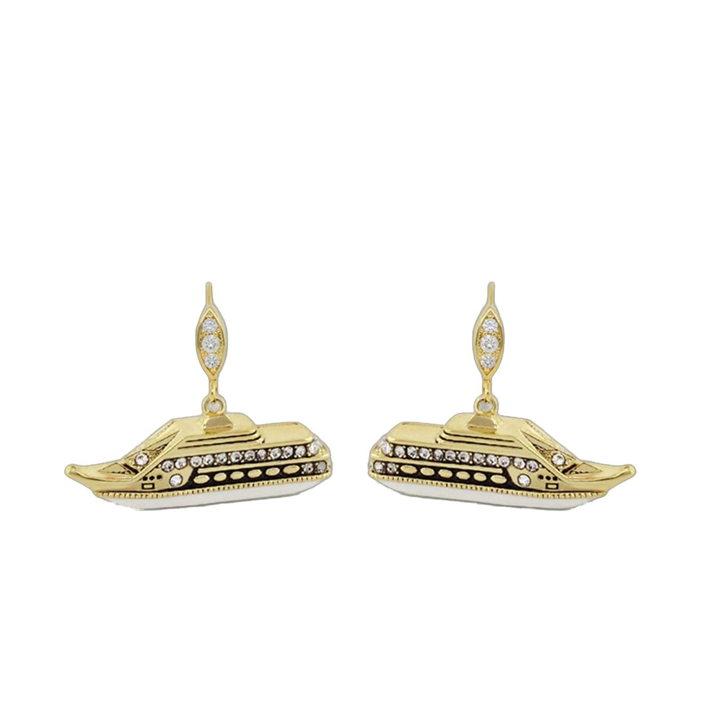 Eau Cruise Ship Earrings gold-tone with crystal-embellished ship pendants pair on Tampa Home & Garden Store