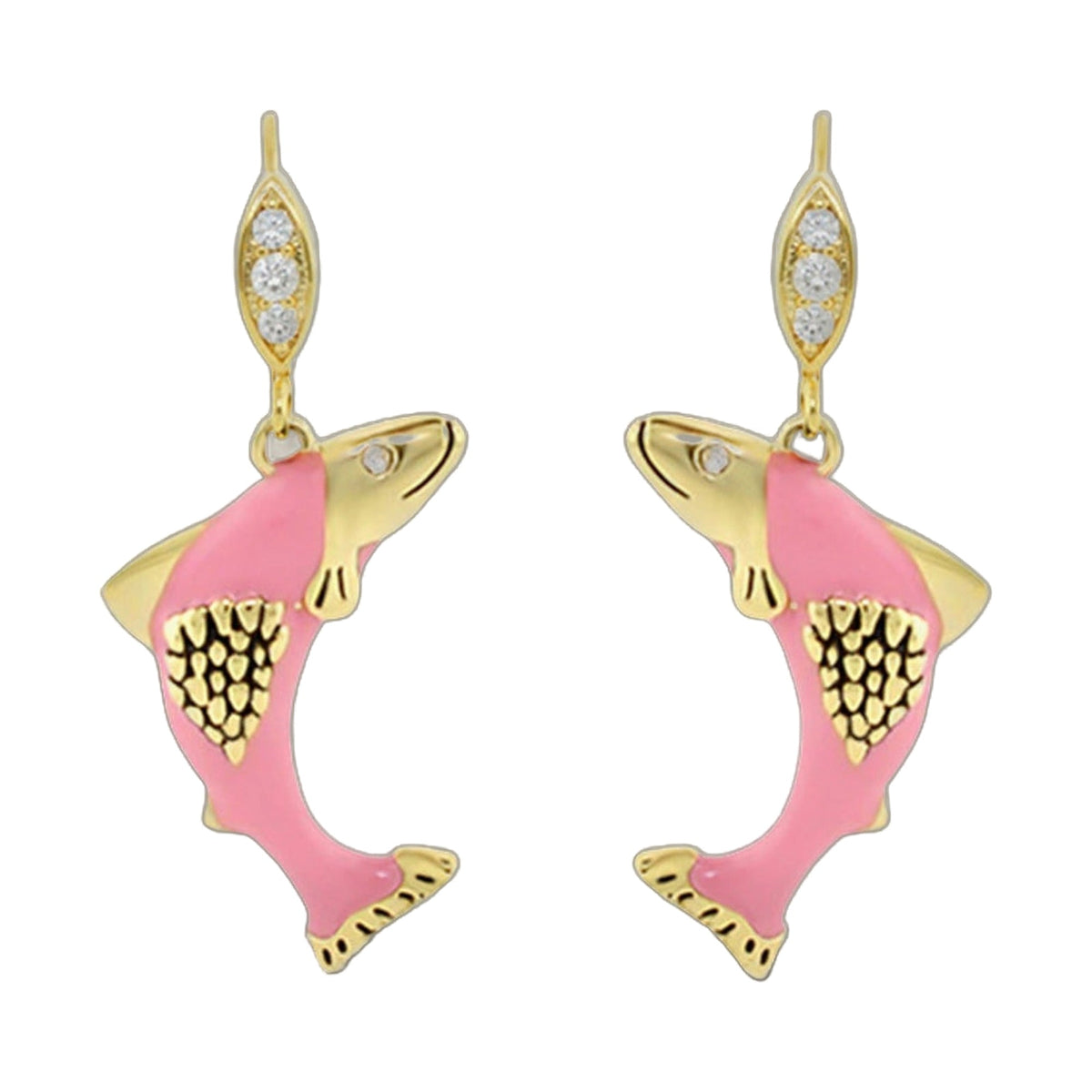 Eau Salmon earrings pair by Lauren G Adams, pink gold-tone fish shapes with crystal accents on Tampa Home & Garden Store
