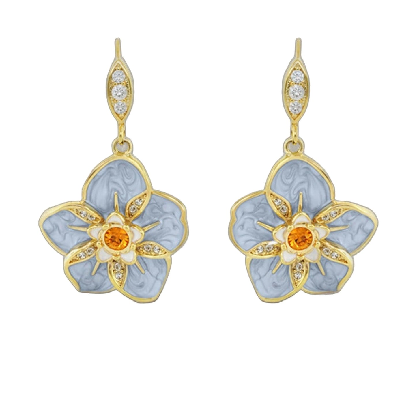 Eau Hibiscus Flower Earrings; gold-tone drop pair with blue enamel petals and orange gem on Tampa Home & Garden Store