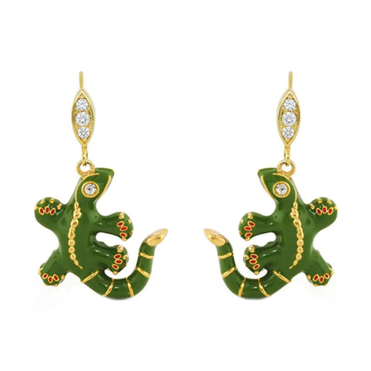 Eau Gecko earrings by Lauren G Adams; green enamel dragon drops in gold-tone with diamonds, pair on Tampa Home & Garden Store
