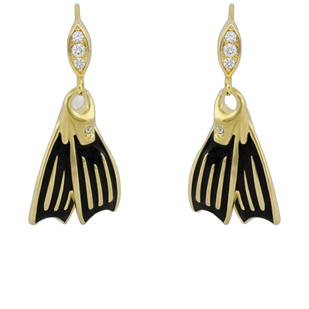 Eau Swimming Fins Earrings, gold-tone with black enamel fins and crystal accents, pair on Tampa Home & Garden Store