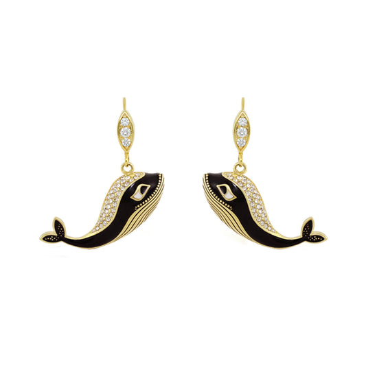 Eau Whale earrings, Lauren G Adams, gold-tone whale drop with black enamel, pair on Tampa Home & Garden Store