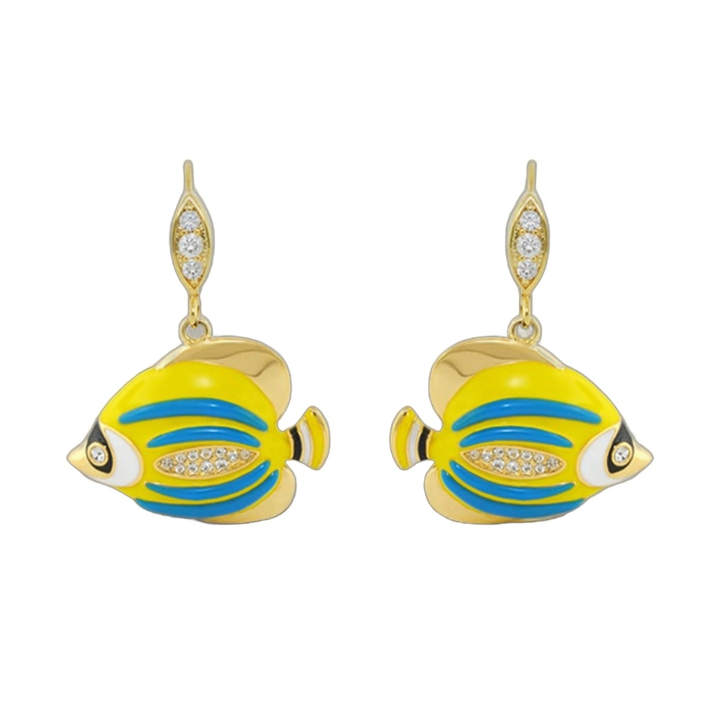 Eau Fish earrings Lauren G Adams; 2 gold fish charms with yellow bodies and blue stripes crystals on Tampa Home & Garden Store