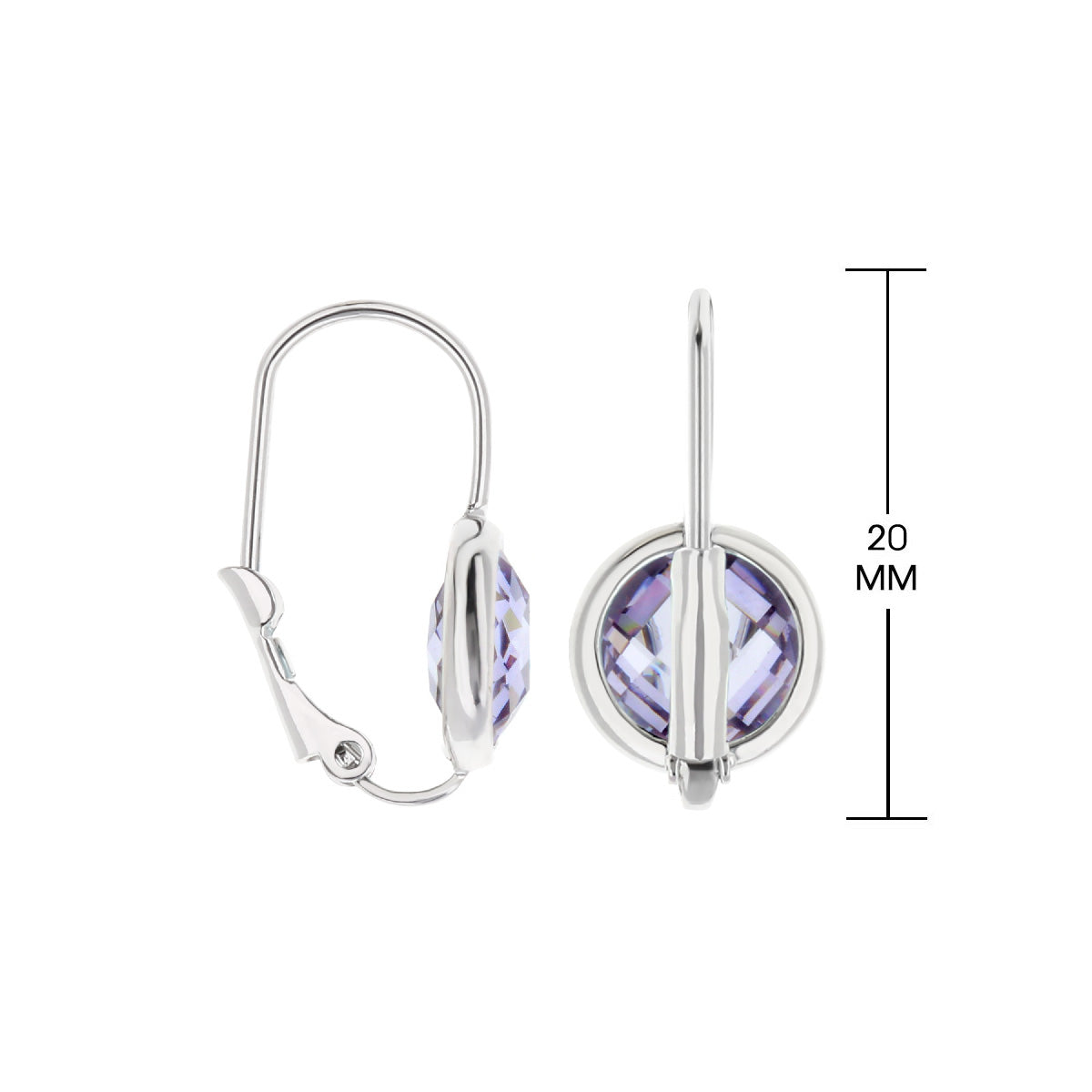 June Birthstone Color Earrings, Lauren G Adams, lilac crystal in silver bezel, leverback hoops on Tampa Home & Garden Store