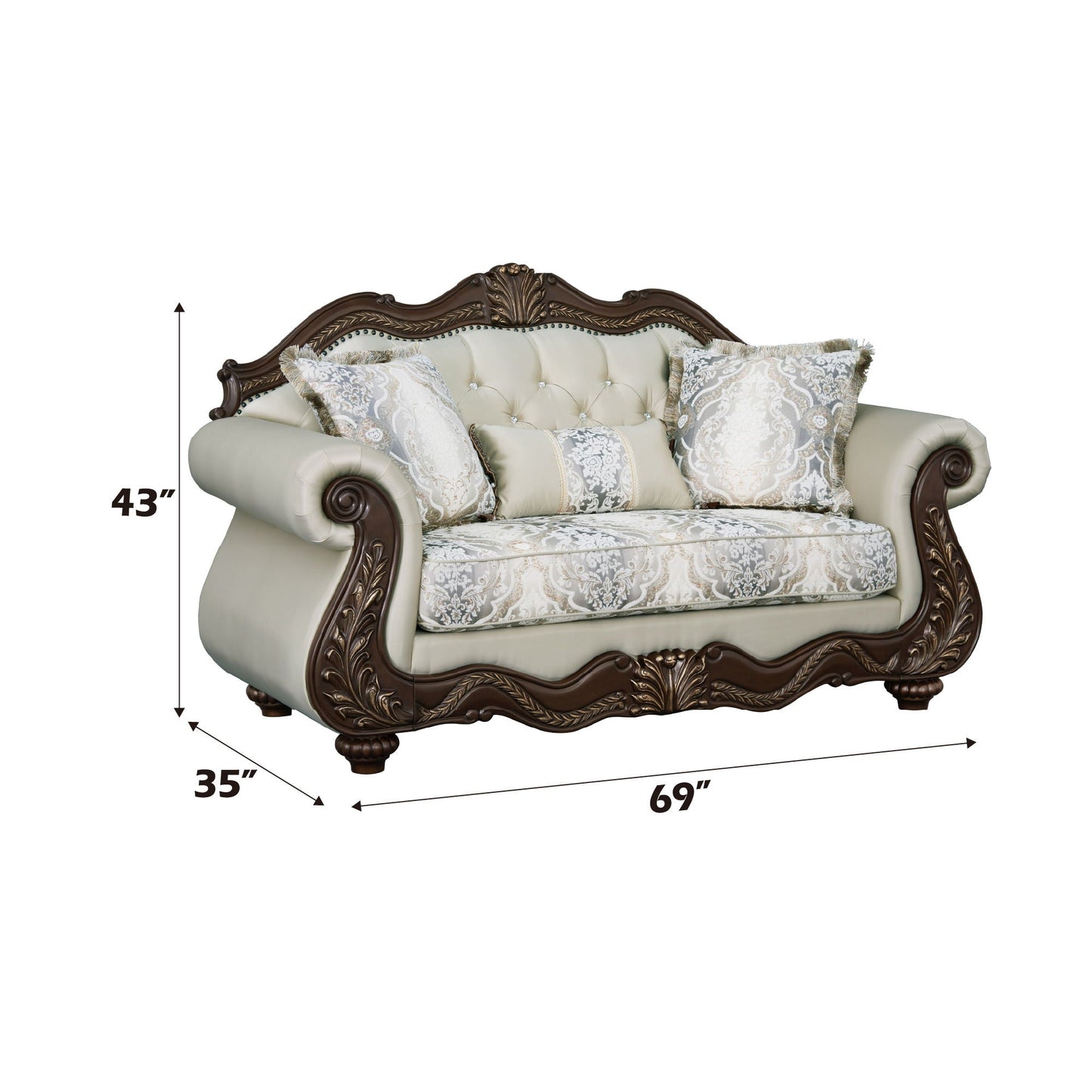 Pierce loveseat with 3 beige pillows and ornate cherry wood frame on Tampa Home & Garden Store