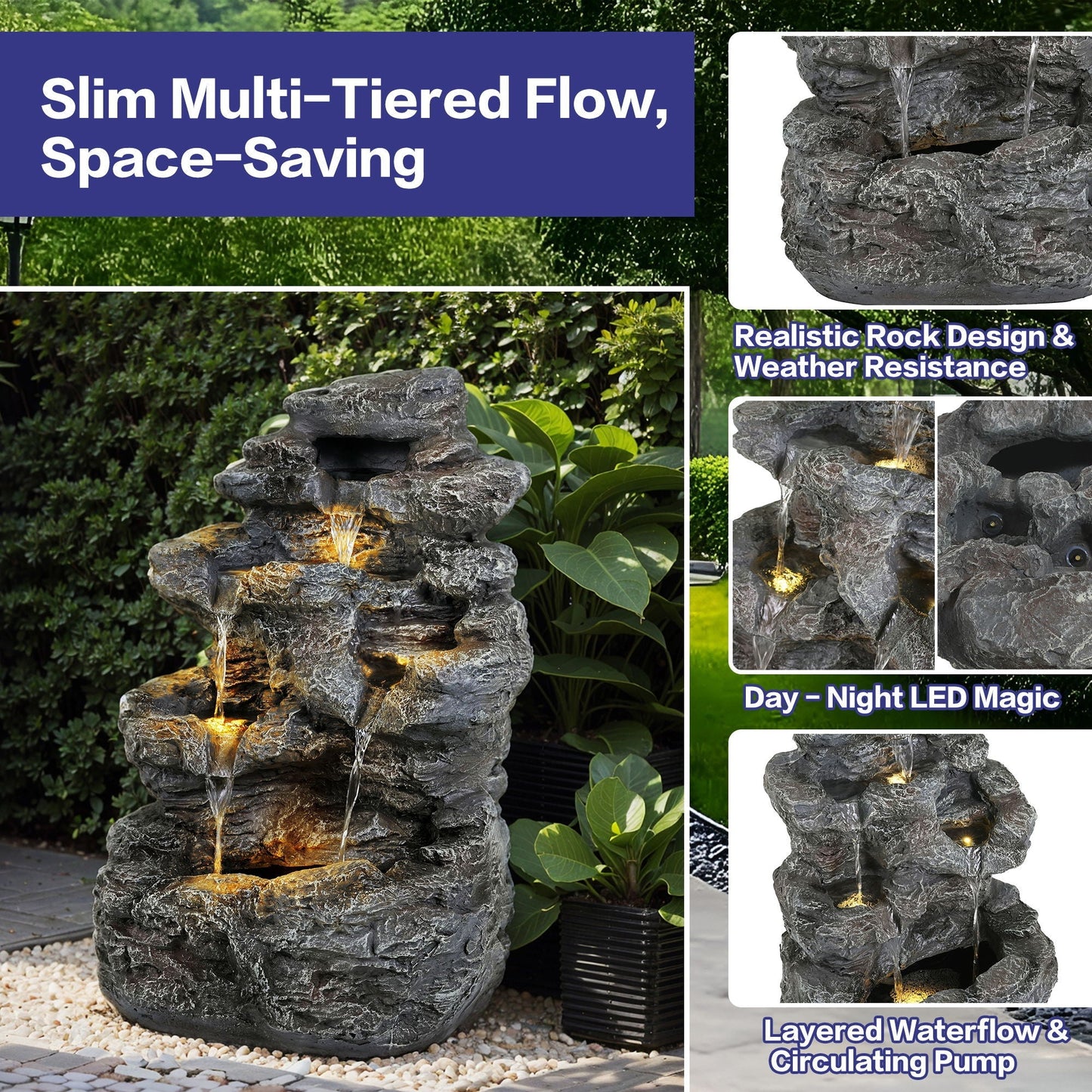 Concrete Rock Waterfall Fountain with LED Lights, stacked stone outdoor HouseOfZazla on Tampa Home & Garden Store