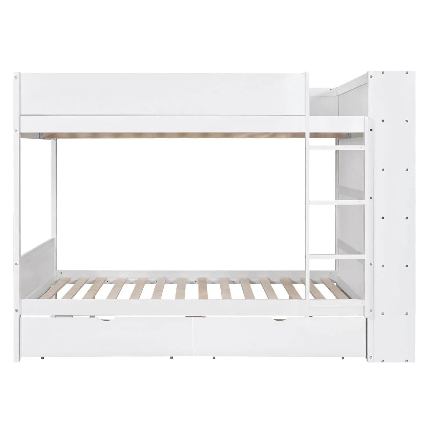 White bunk bed frame with two drawers, side ladder and multi-layer cabinet, wood slat base on Tampa Home & Garden Store