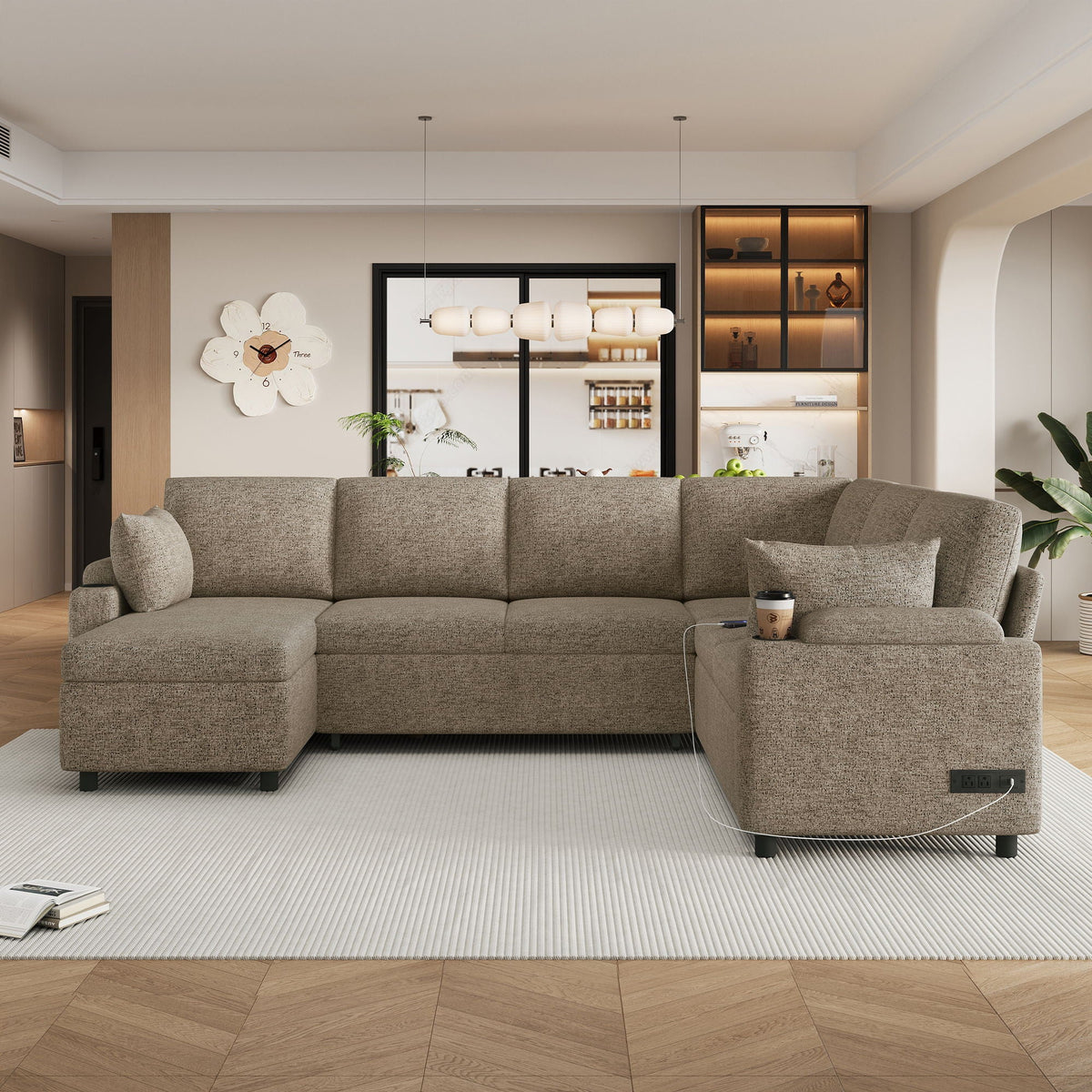 U-shaped brown fabric sectional sofa by HouseOfZazla in a modern living room on Tampa Home & Garden Store
