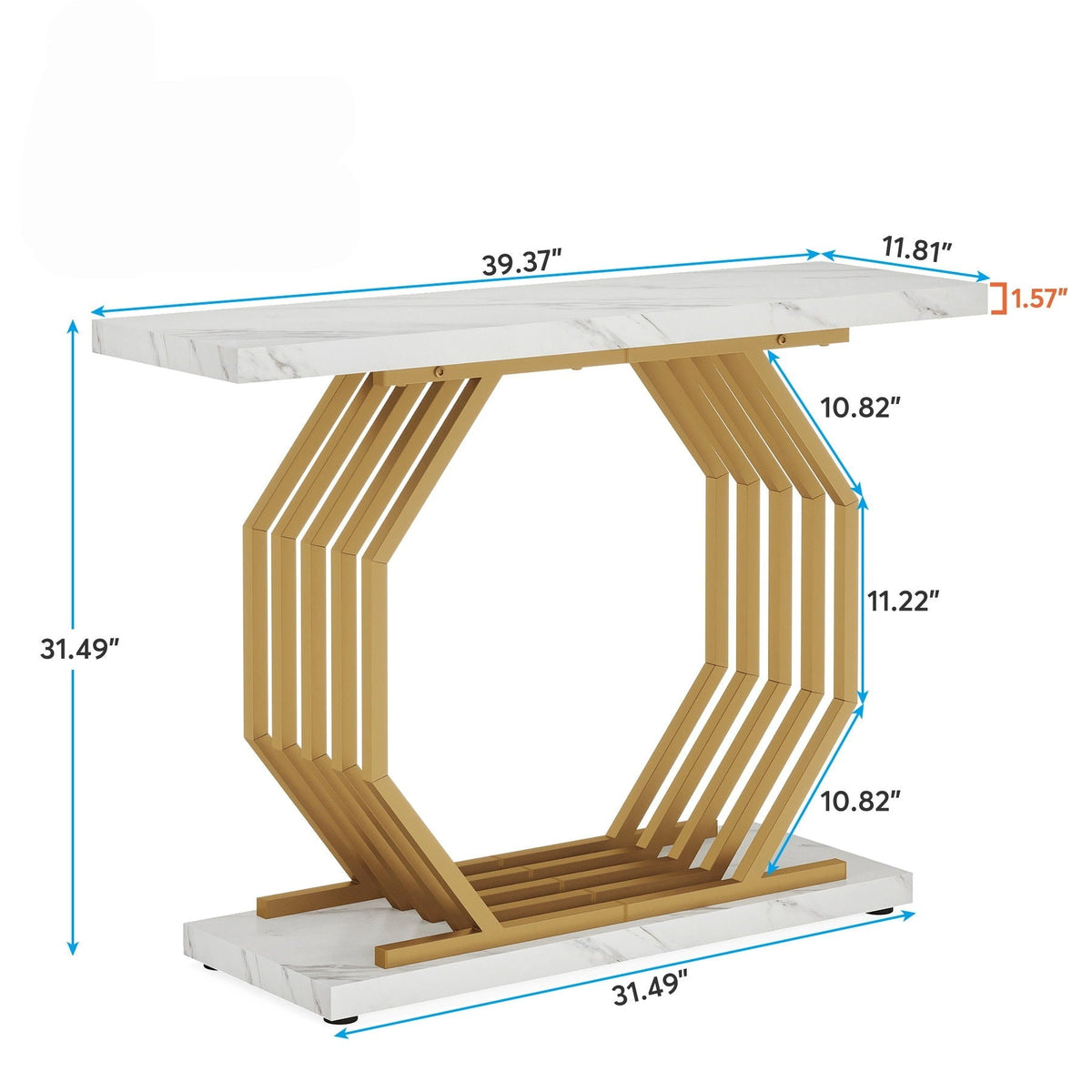 White and gold console table with faux marble top and geometric gold base by HouseOfZazla on Tampa Home & Garden Store