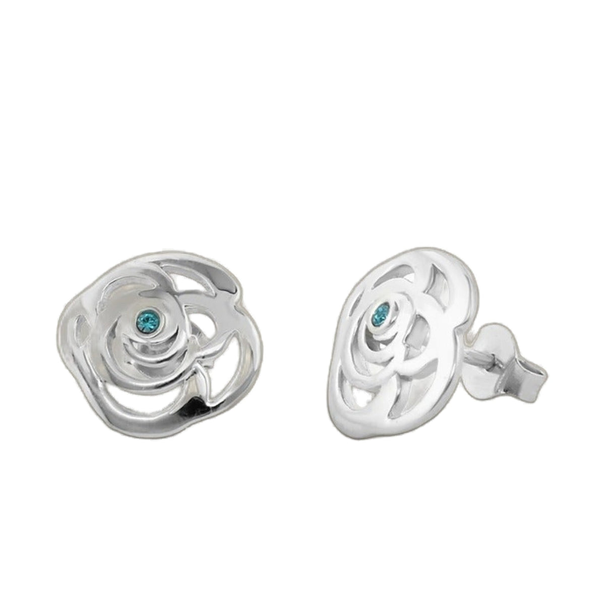 Sydney Leigh Rose Earrings, pair of silver openwork rose earrings with turquoise stones on Tampa Home & Garden Store
