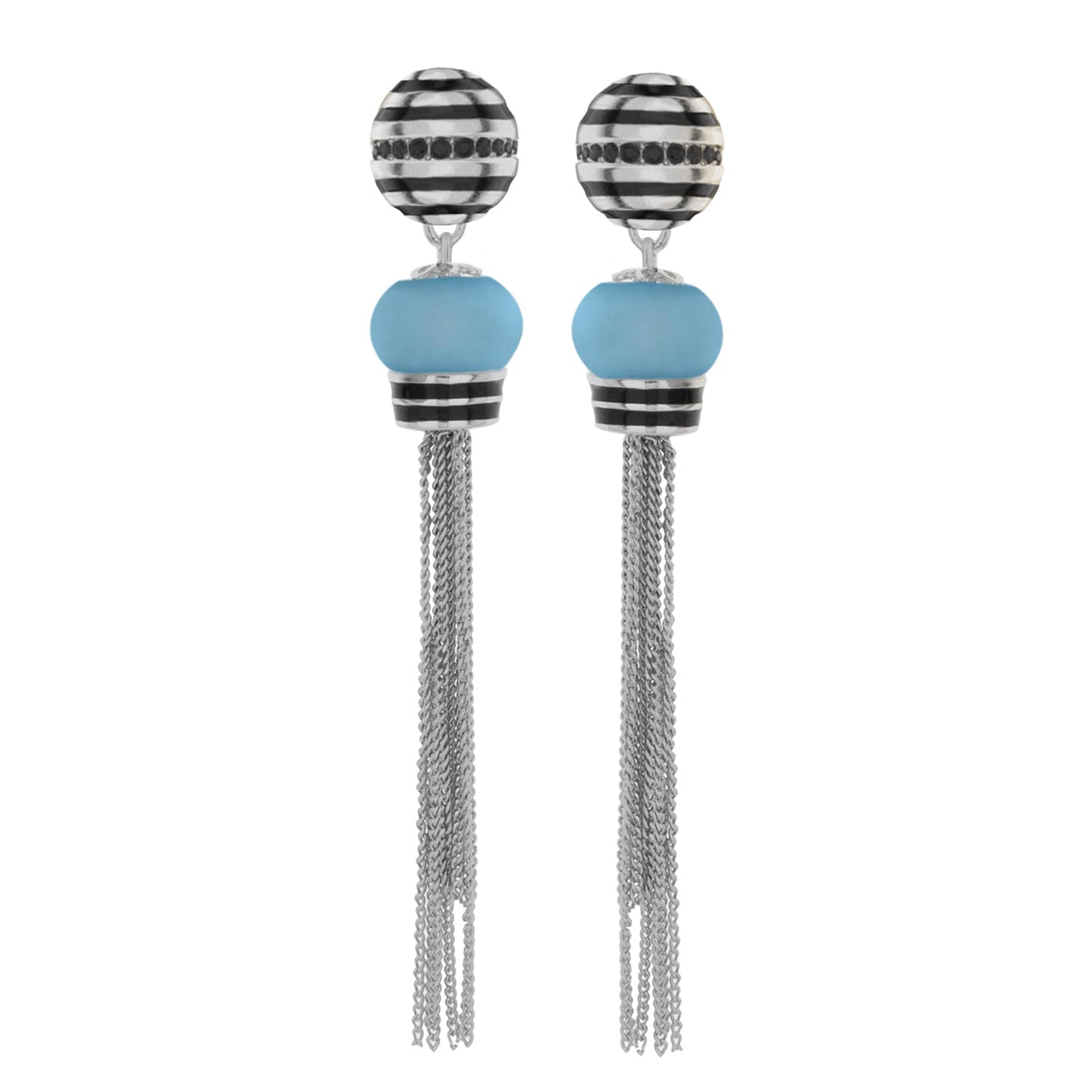 Yellow Bumble Earrings pair striped orb tops, blue beads and tassel chains by Lauren G Adams on Tampa Home & Garden Store