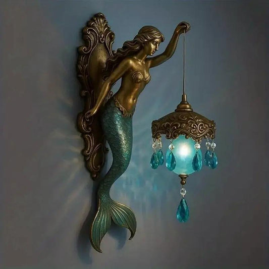 Mermaid wall sconce with bronze finish, teal glass lantern and crystal bead pendants on Tampa Home & Garden Store