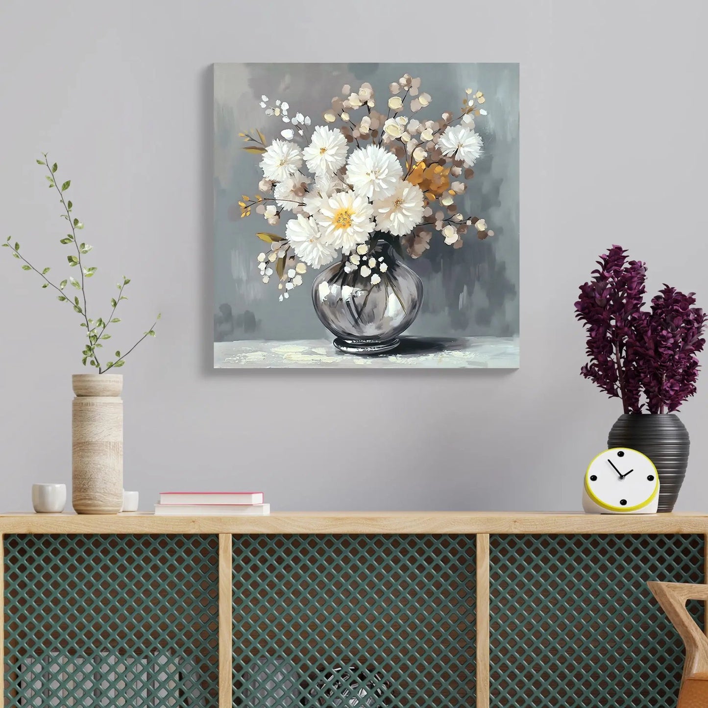 Chrysanthemum vase canvas art with white blossoms in glass vase on stone gray backdrop on Tampa Home & Garden Store