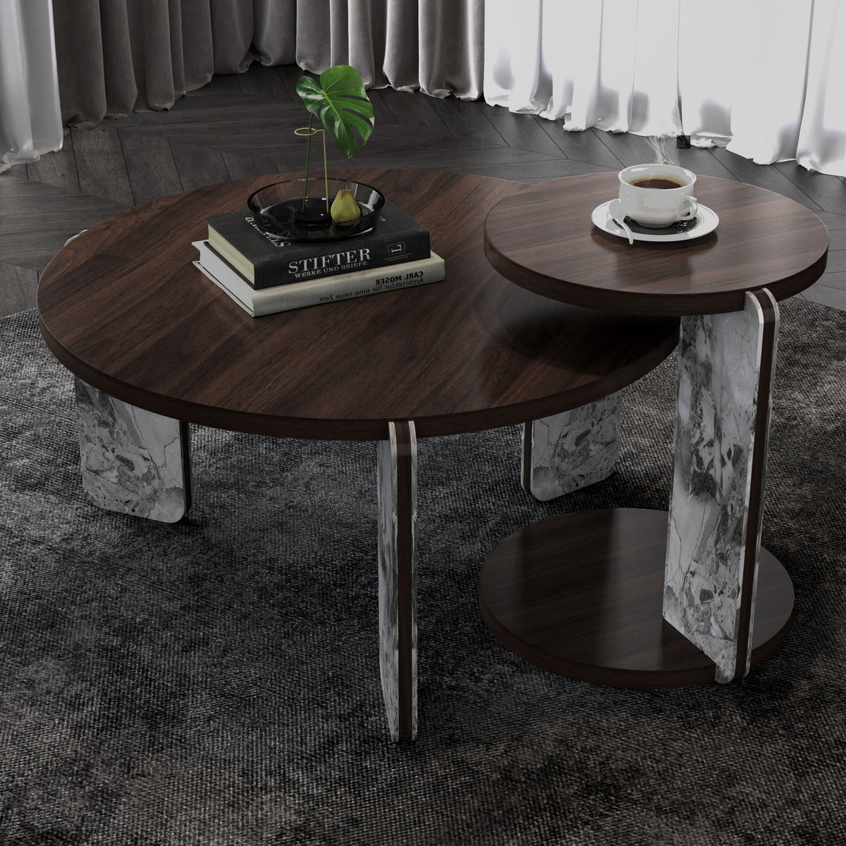 Coffee Table Set with Faux Marble Top Dark Brown; round tables with marble bases HouseOfZazla on Tampa Home & Garden Store