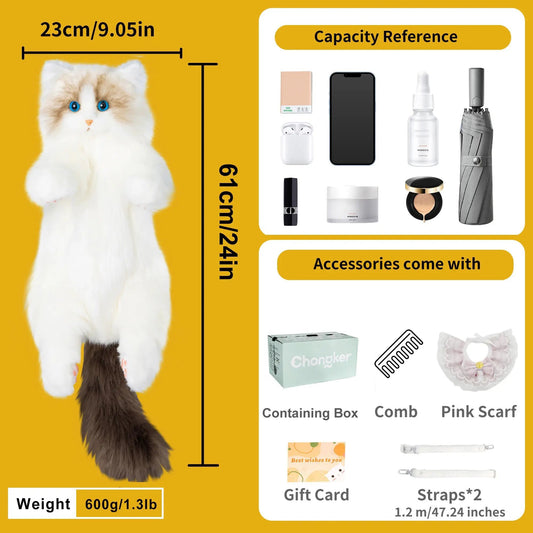 Ragdoll Cat Backpack Cozy Travel Companion by Chongker Creative; yellow layout with capacity on Tampa Home & Garden Store