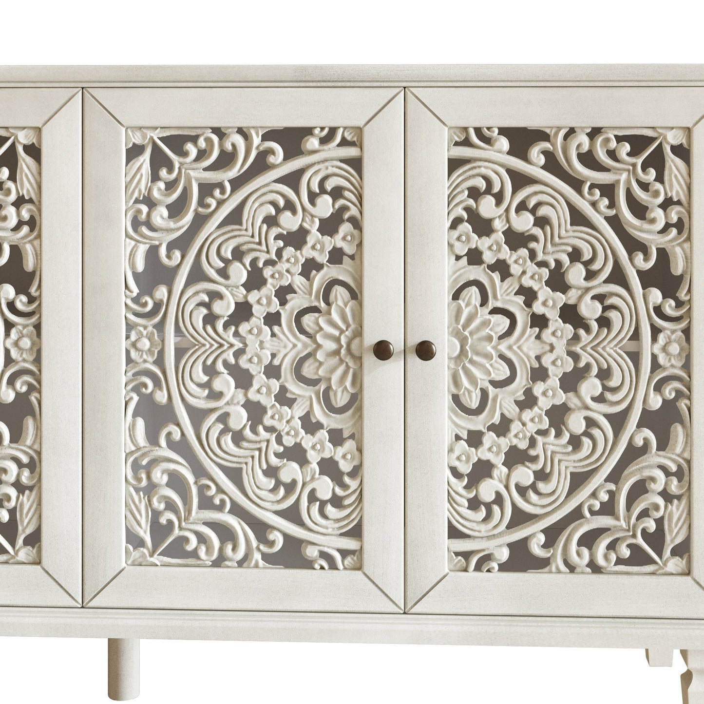 Antique white buffet cabinet with ornate floral carved panels and solid wood legs on Tampa Home & Garden Store