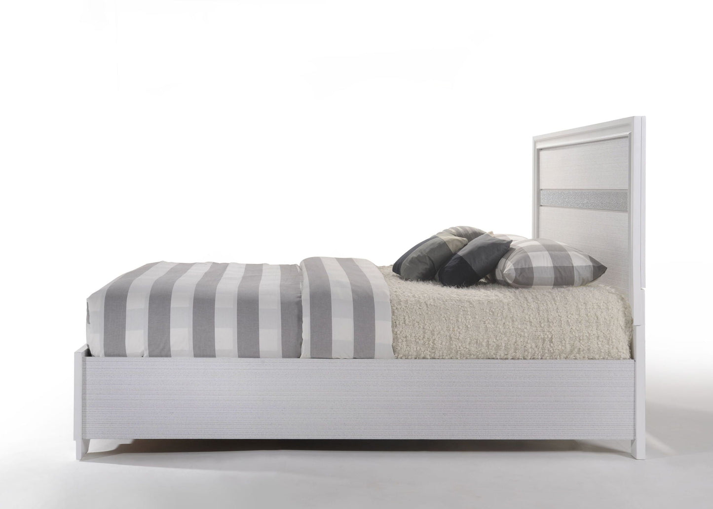 Naima Elegance Bed, white panel bed with light tufted headboard and gray striped bedding on Tampa Home & Garden Store