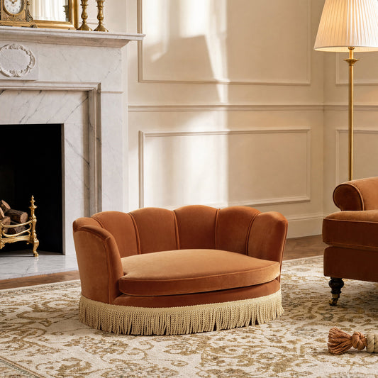 Clara scalloped pet sofa bed burnt orange, medium with fringe base by HouseOfZazla on Tampa Home & Garden Store