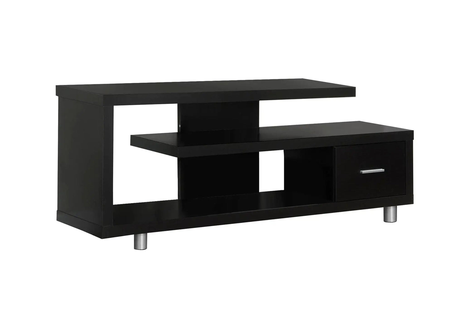 TV stand black modern storage console with open shelf and right-side drawer, metal legs on Tampa Home & Garden Store