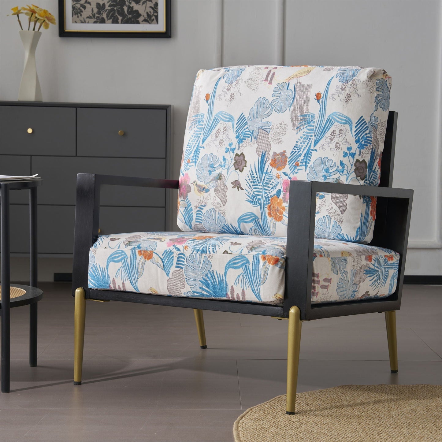 Modern Armchair with solid black wood frame, floral upholstery, gold legs by HouseOfZazla on Tampa Home & Garden Store