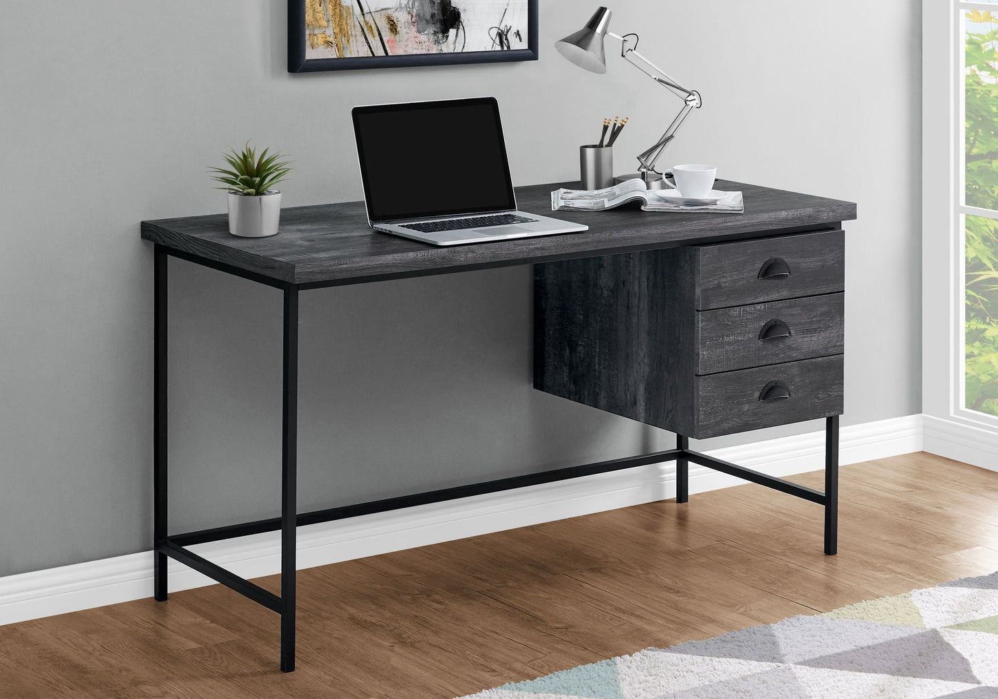 Computer desk in dark wood finish with black metal frame, 3 drawers, HouseOfZazla writing desk on Tampa Home & Garden Store