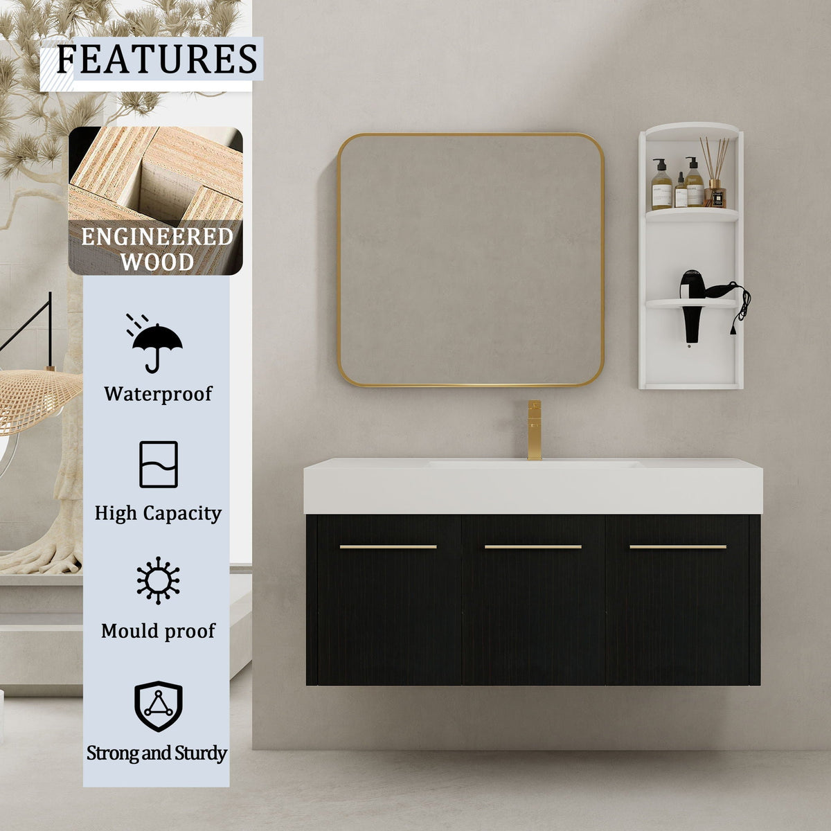 HouseOfZazla wall mounted vanity with resin sink and storage rack, tan front on Tampa Home & Garden Store