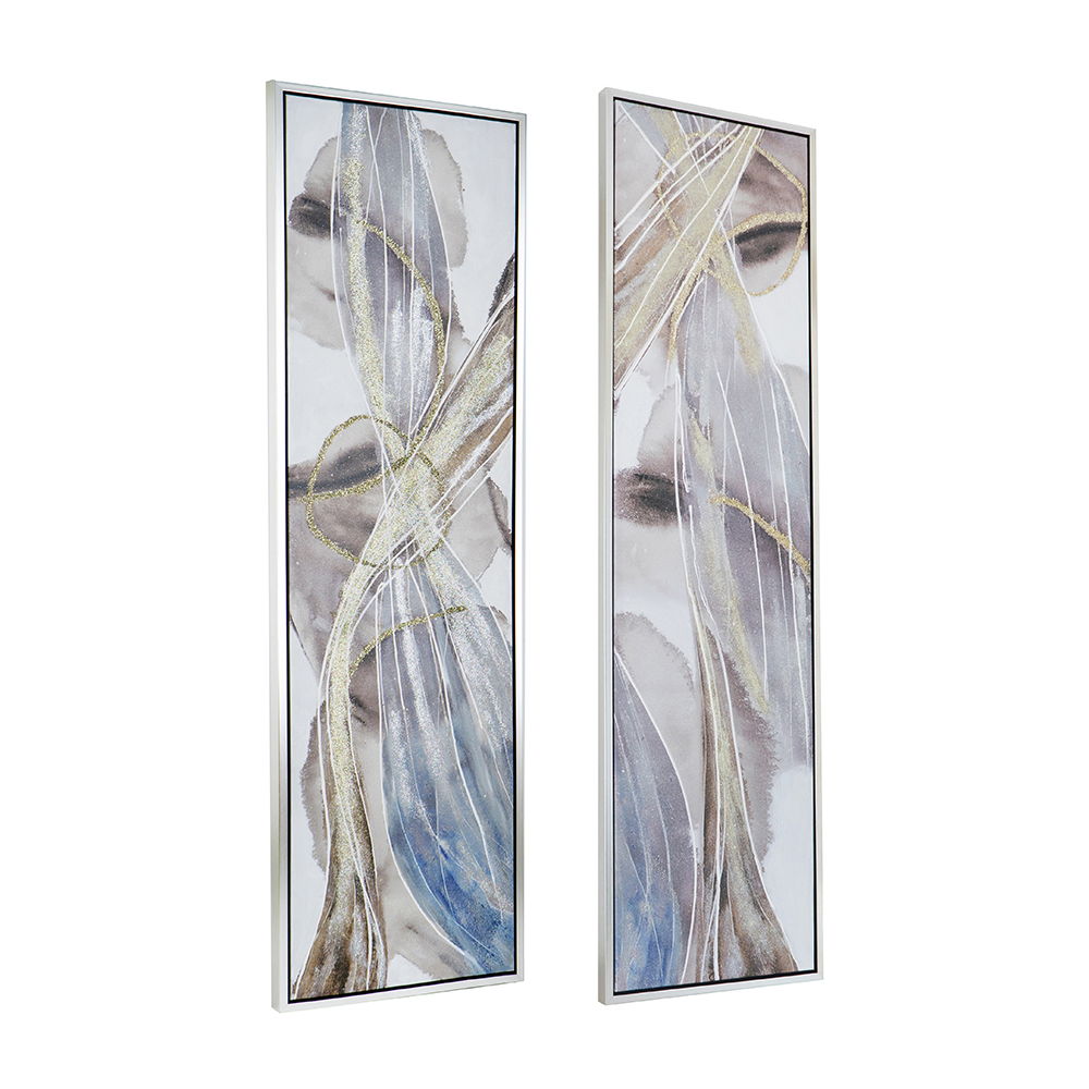 Elongated abstract oil paintings set of 2 on canvas in gray-blue with gold accents HouseOfZazla on Tampa Home & Garden Store