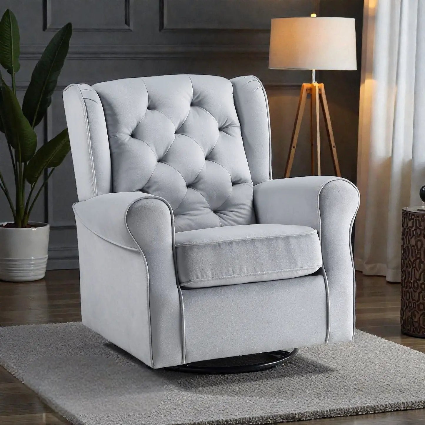 Glider Chair with Swivel Gray Fabric Upholstery