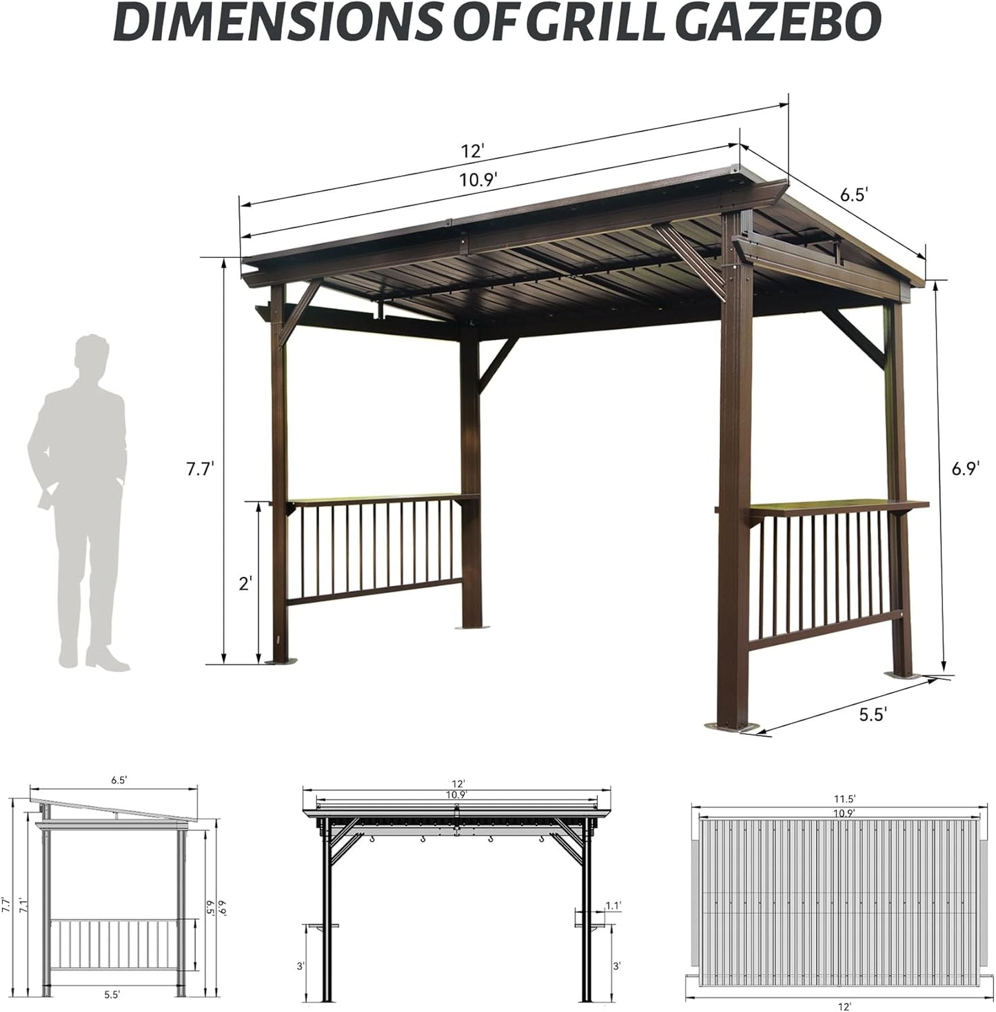 6.5x12FT Hardtop Grill Gazebo brown wood pergola with metal roof by HouseOfZazla on Tampa Home & Garden Store