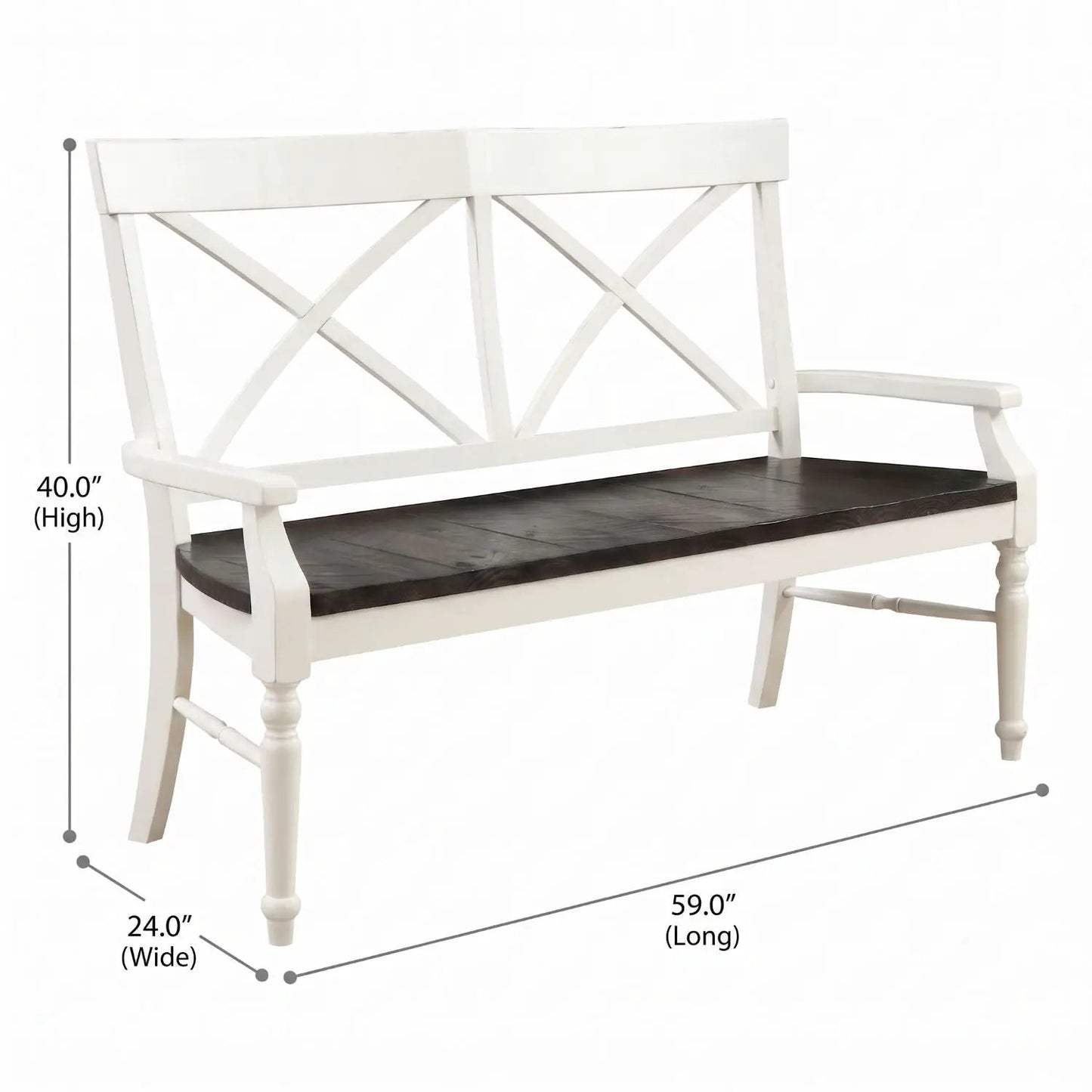 Mountina Bench white frame with dark brown wood seat, X-back design, dining bench on Tampa Home & Garden Store