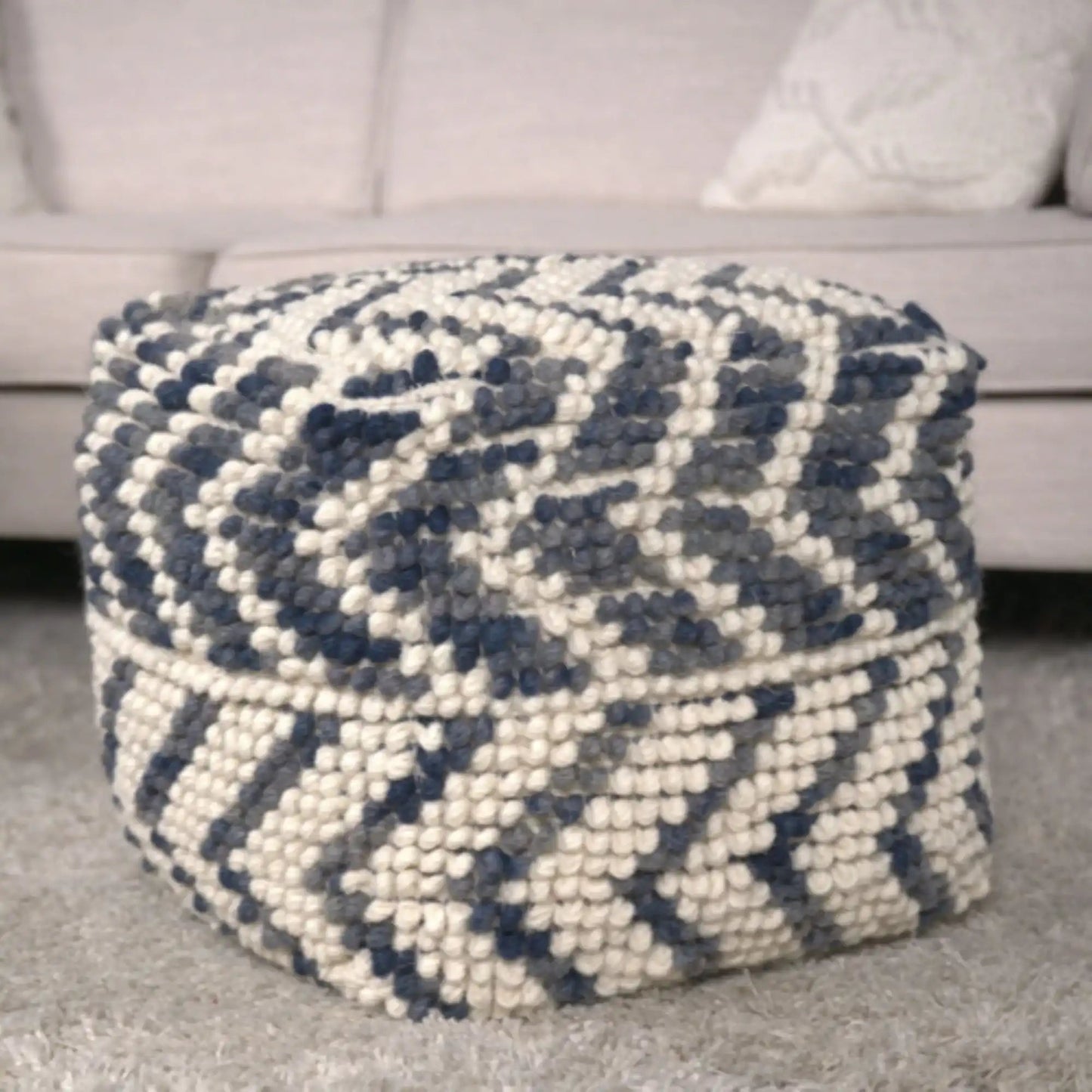 Alina Wool and Cotton Pouf Natural navy and white chunky knit ottoman on Tampa Home & Garden Store