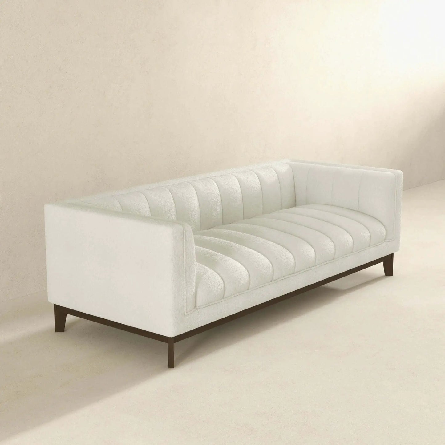 Melissa - Mid Century Modern Sofa, white upholstered stationary sofa with dark wood legs on Tampa Home & Garden Store