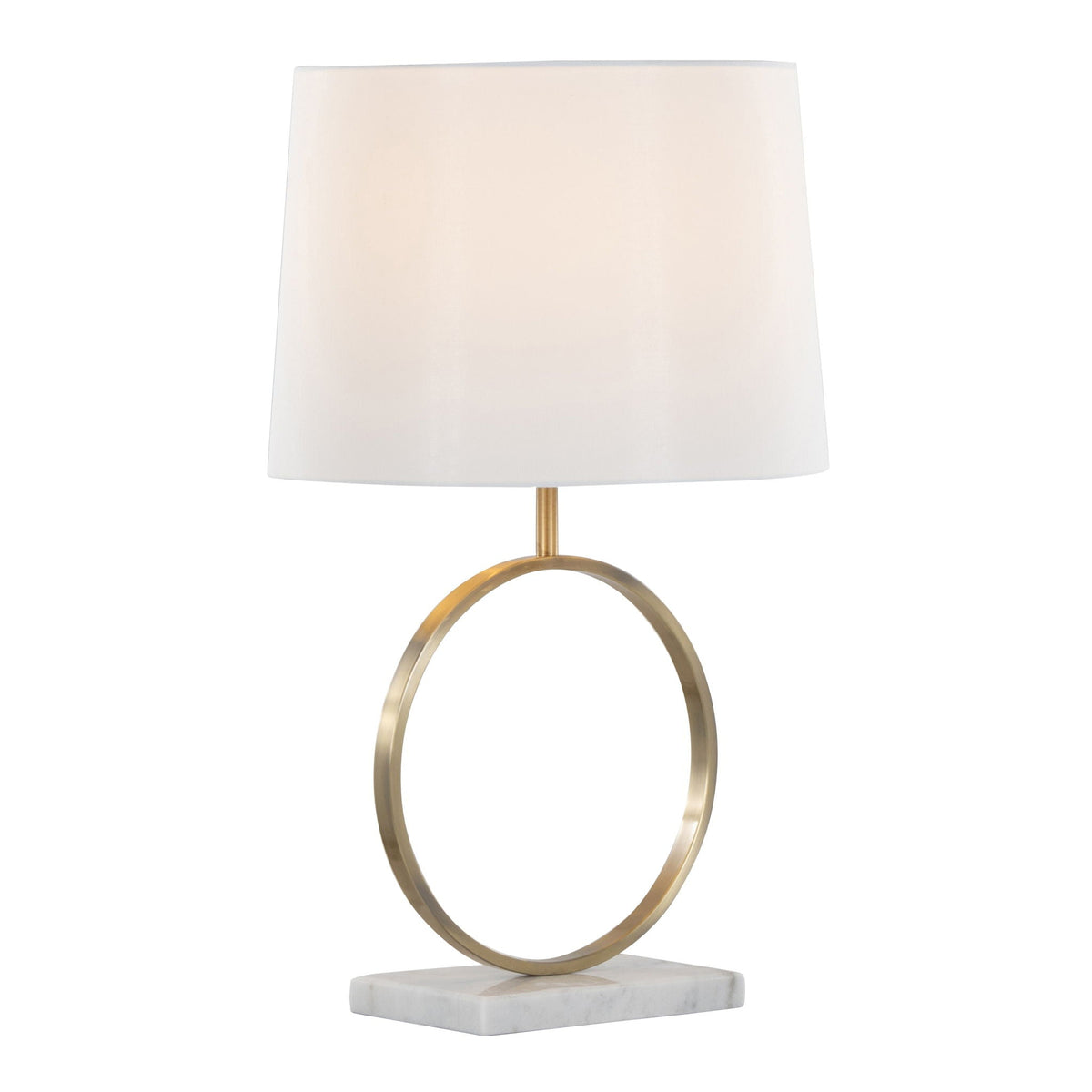 Moon Contemporary Table Lamp white shade with gold curved ring base and marble square base on Tampa Home & Garden Store