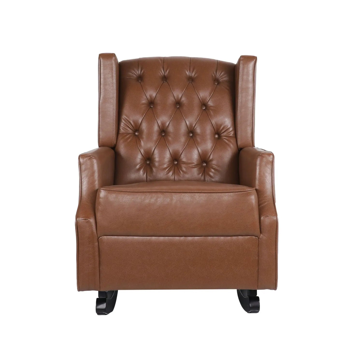 Moss Upholstered Rocking Recliner in light brown leather with diamond tufting and wingback on Tampa Home & Garden Store