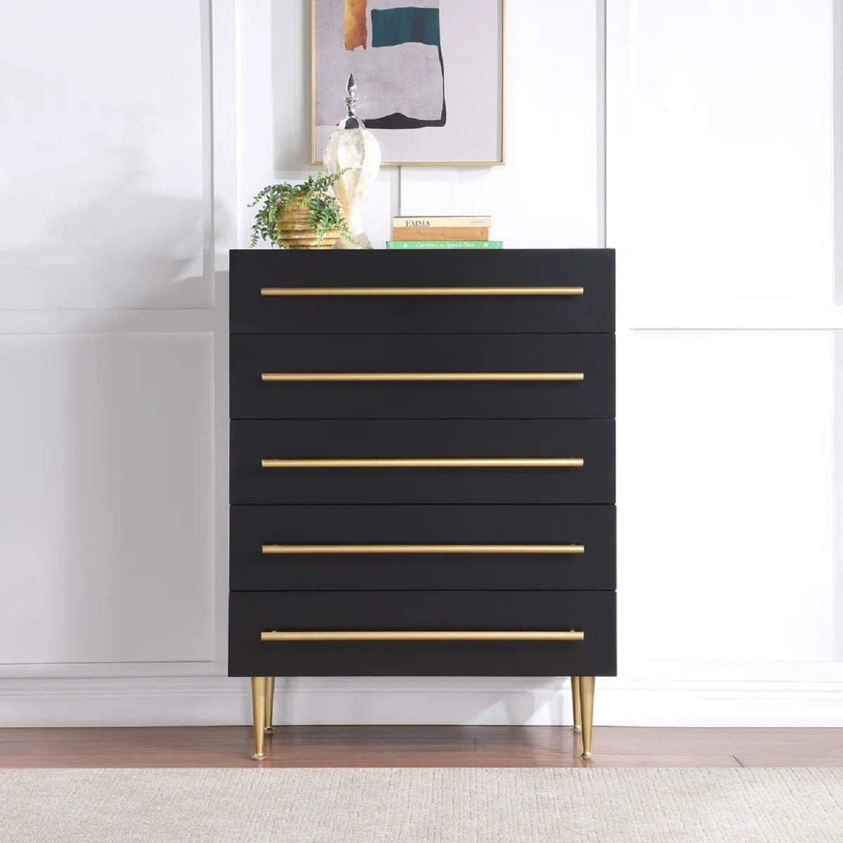 Contemporary chest of drawers black with gold bar pulls, 5-drawer by HouseOfZazla on Tampa Home & Garden Store