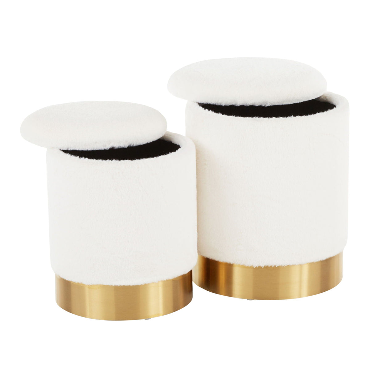 Contemporary 2-piece nesting ottoman set with white faux fur tops and brass bases HouseOfZazla on Tampa Home & Garden Store