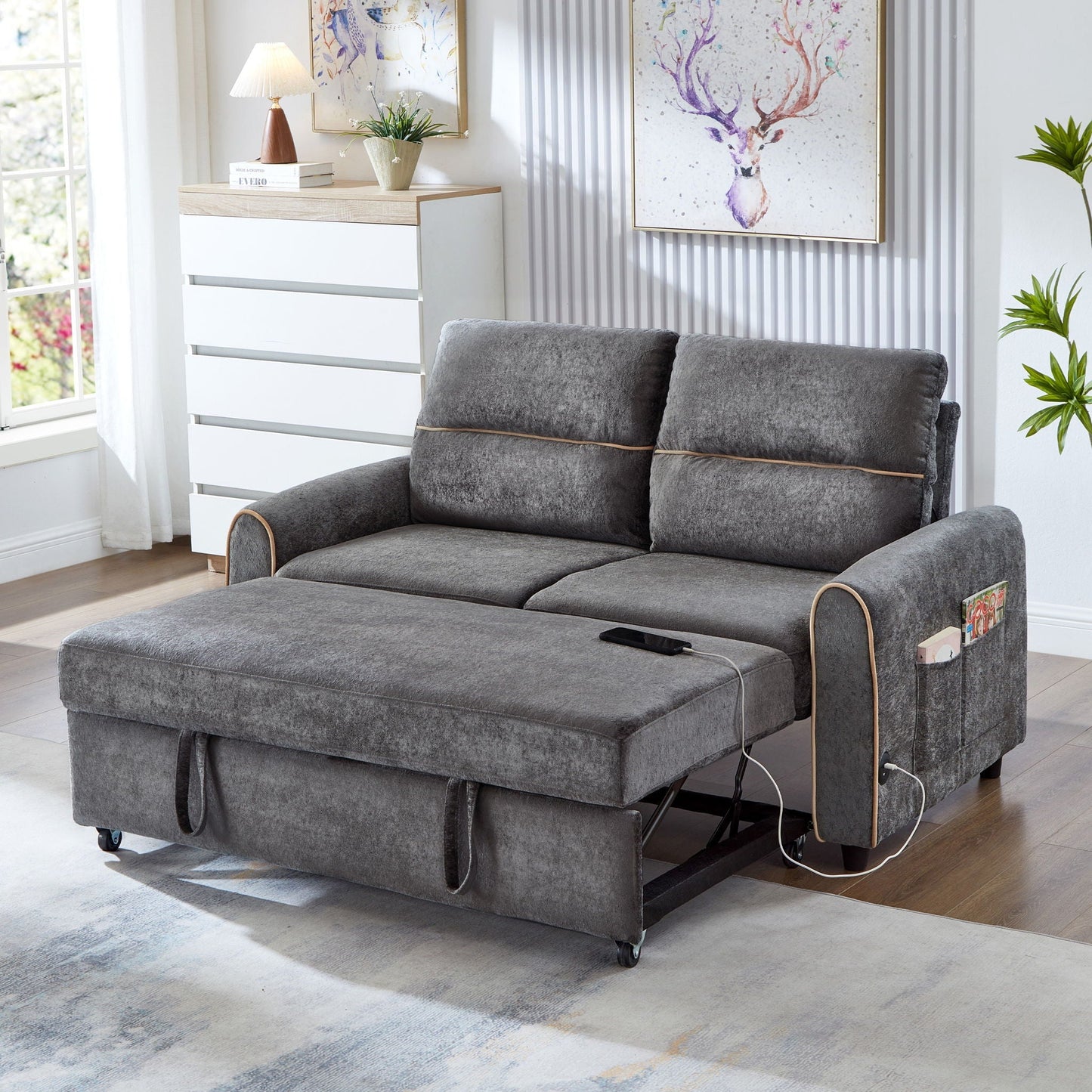 Pull Out Sofa Bed With Usb Port And Soft Backrest