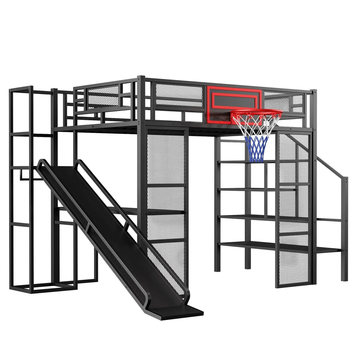 Loft bed frame with slide, basketball hoop and open wardrobe panels in dark metal on Tampa Home & Garden Store