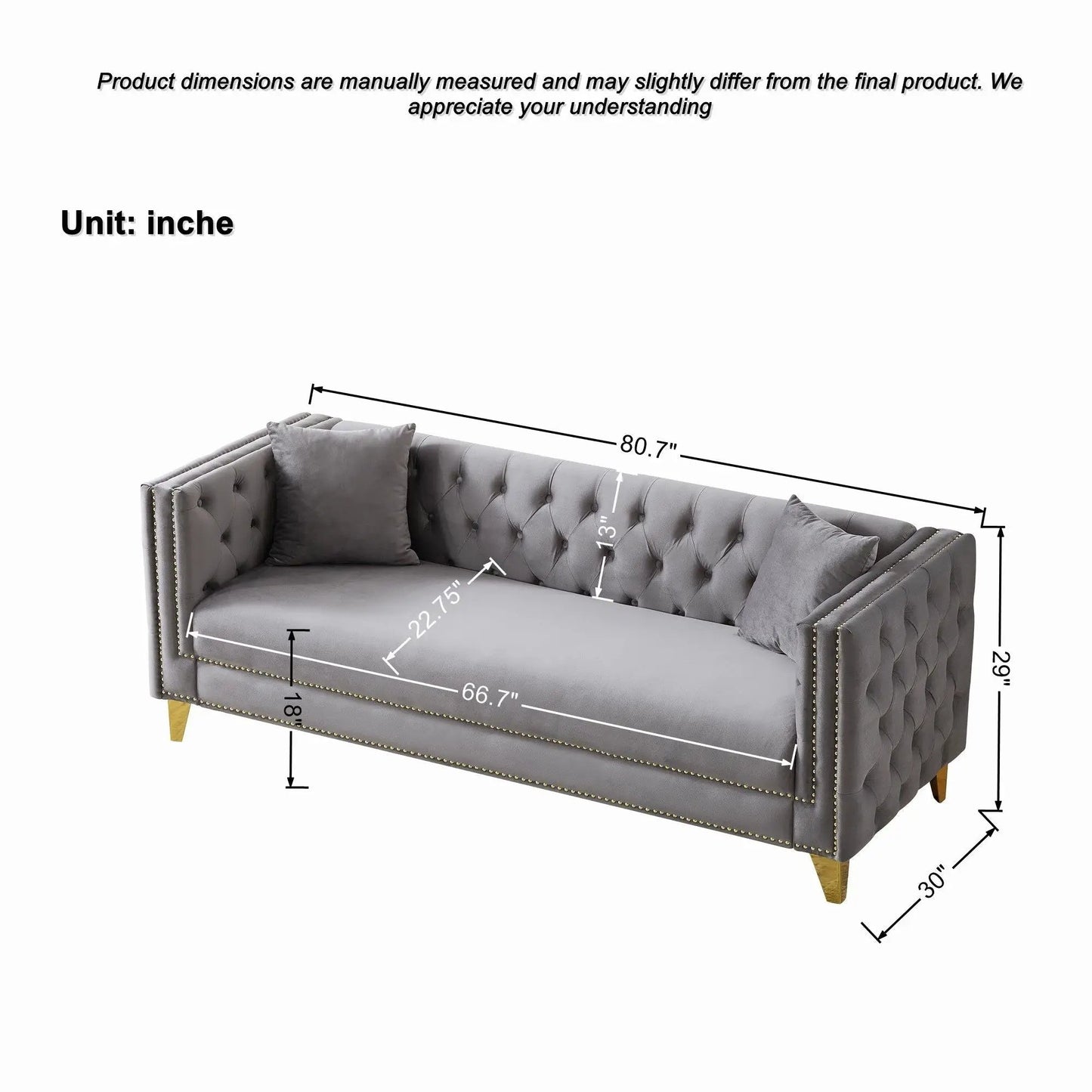 3 Seater Deep Seat Sofa with button tufting and nailhead trim, square arms, grey upholstery on Tampa Home & Garden Store
