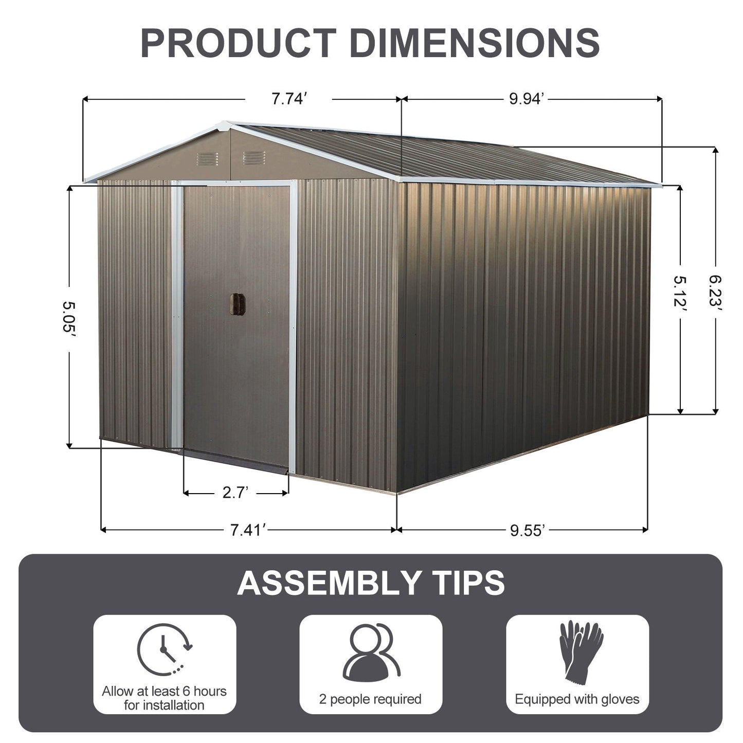 Galvanized Outdoor Metal Storage Shed and Gray