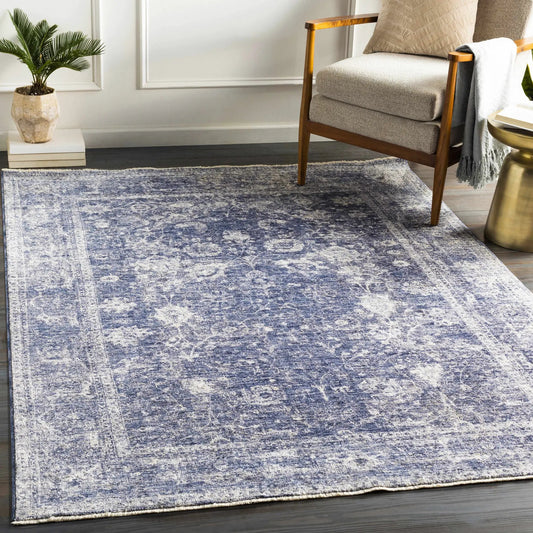 Eastham Luxe Area Rug Navy and Beige distressed pattern by Boutique Rugs on Tampa Home & Garden Store